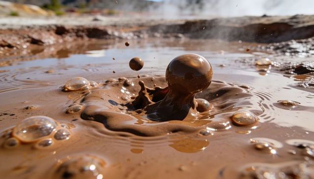 Bubbling geothermal mud droplet rising from glossy viscous mud pool macro close-up with ripples