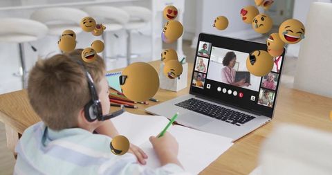 Child Engaged in Virtual Learning with Emojis