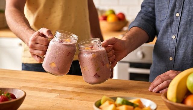Men clinking mason jars with pink fruit smoothies in bright home kitchen casual toast