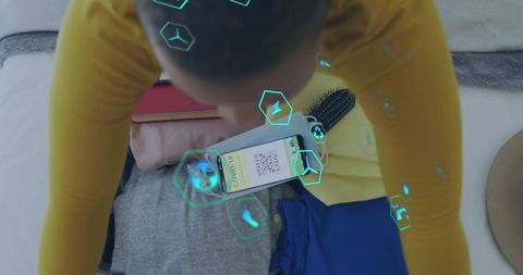 Woman Organizing Limited Travel Essentials with Digital Scanning