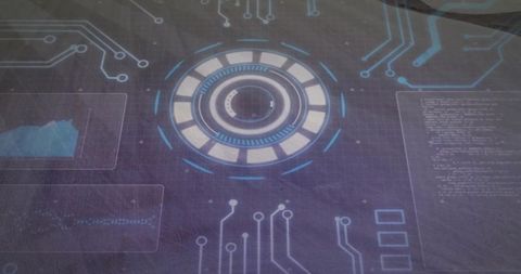 Futuristic holographic hud ring projecting over worn tabletop with data readouts