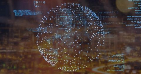 Digital Globe Rotating Over City Nightscape with Holographic Network and Code Overlay