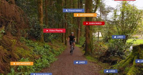 Cyclist Riding in Forest Surrounded by Social Media Icons