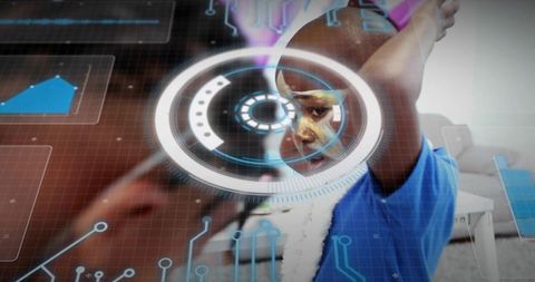 Boy interacting with augmented reality hud for interactive learning and play at home