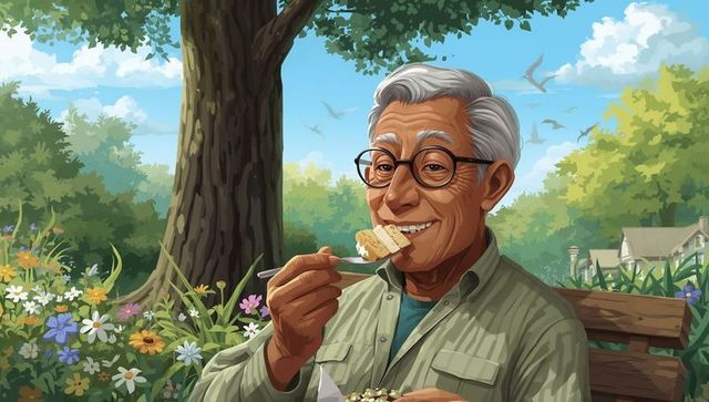 Elderly man enjoying cake outdoors by flowerbed in park