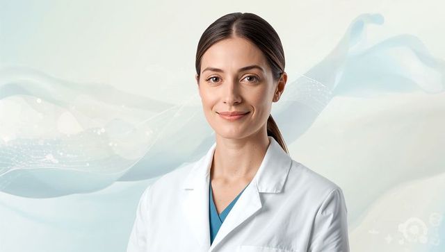 Confident Clinician Wearing White Lab Coat with Tech-Inspired Abstract Backdrop