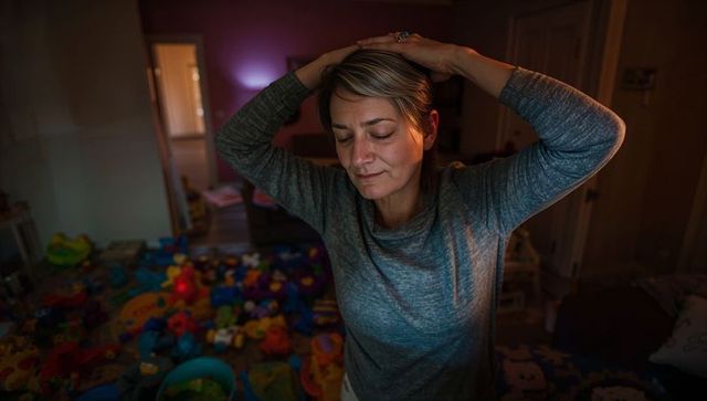 Exhausted mother standing in toy-filled living room resting hands on head contemplating