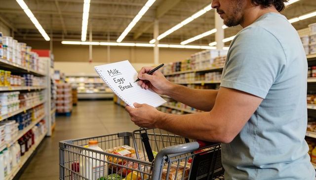 Man writing grocery list while shopping with cart in supermarket aisle