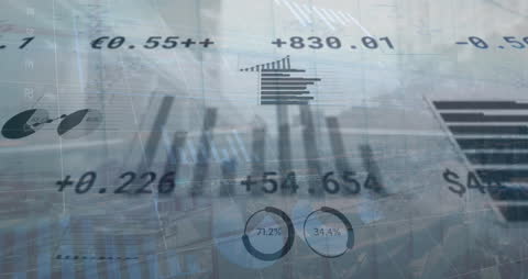 Digital Composite of Financial Graphs and Urban Skyline