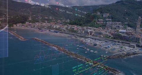 Aerial coastal marina with breakwater and data overlays blending seaside town and finance