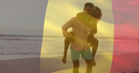 Couple enjoying piggyback ride on beach at golden hour sunset with soft color band overlay