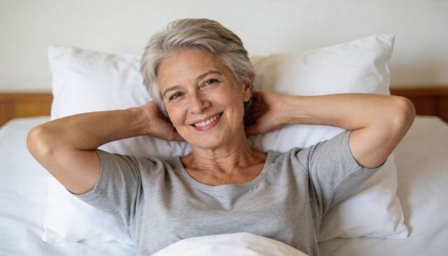 Content senior woman reclining in bed smiling with hands behind head morning comfort