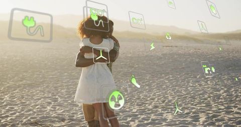 Couple Embracing Amid Floating Eco Icons on Sunlit Dunes