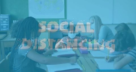 Teacher Assisting Student with Tablet Emphasizing Social Distancing