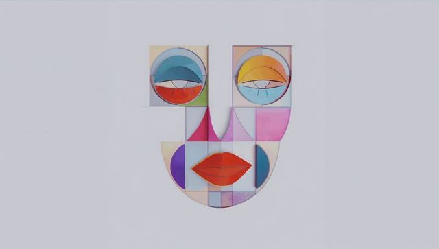 Abstract Geometric Face with Colorful Panels and Red Lips