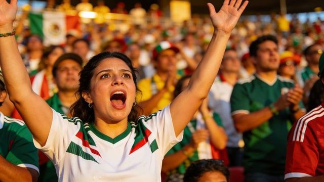 Mexican female fan cheering and raising arms in soccer stadium crowd