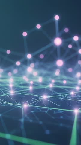 Vertical futuristic network animation expanding with pulsing nodes and glowing connections