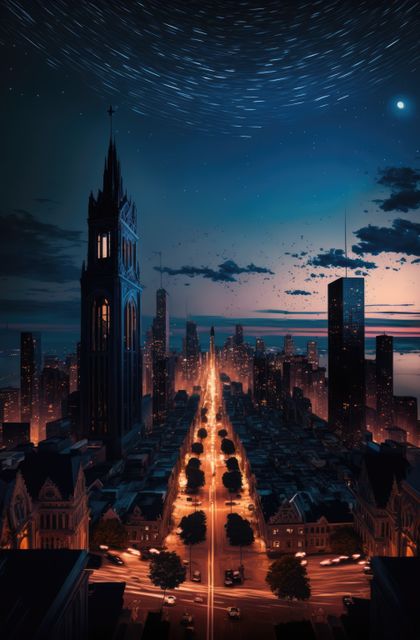 Cityscape with lit streets with moon and clouds, created using generative ai technology. Architecture and skyline concept digitally generated image.