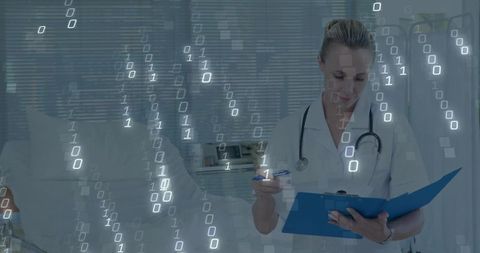 Healthcare Professional Analyzing Data with Digital Overlay