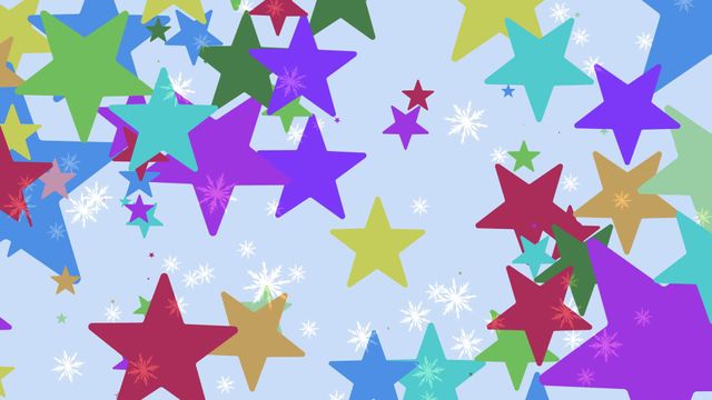 Animated colorful stars on a blue background with snowflakes create a festive and cheerful atmosphere. Ideal for holiday greetings, celebration invites, party backgrounds, and event promotions.