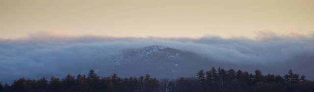 Panoramic view of misty mountains at sunrise with pine forest in the foreground. Ideal for use in nature documentaries, travel magazines, meditation apps, or as inspirational wall art to create a serene and peaceful ambiance.
