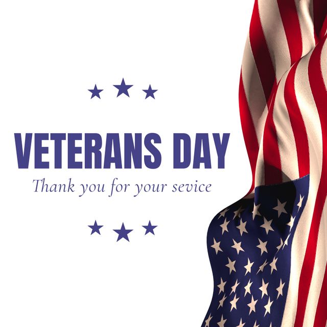 Graphic showcasing Veterans Day message accompanied by a waving American flag. Ideal for creating cards, social media posts, posters, and banners to thank veterans for their service and celebrate Veterans Day.
