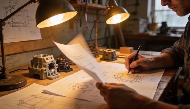 Technician sketching mechanical blueprints at workbench with prototype housings and lamps