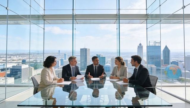 Executives collaborating in glass skyscraper boardroom with panoramic city skyline view
