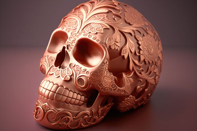 Golden mexican decorative sugar skull on gray background, using generative ai technology. Skull, mexico and traditional concept.