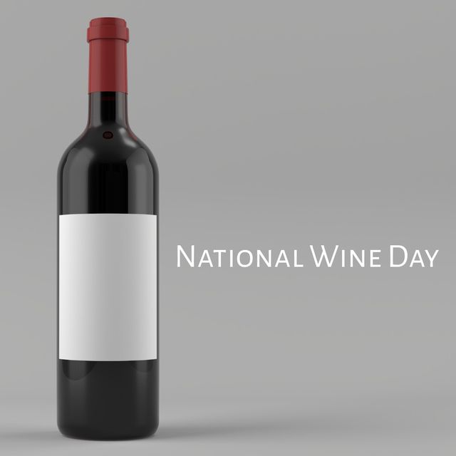 Composite image of national wine day text with wine bottle against gray background, copy space. illustration, national wine day, celebration, alcohol and drink.