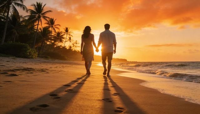 Romantic couple walking hand in hand on tropical beach during golden sunset