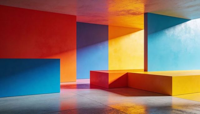 Colorful minimalist interior featuring geometric plinths casting dramatic sunlight shadows