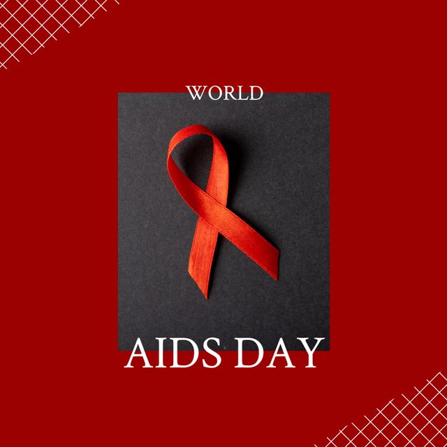 Composite of world aids day text and red awareness ribbon against red background with grid pattern. Copy space, hiv, awareness, disease, support, healthcare and prevention concept.