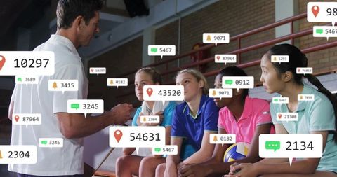 Coach guiding youth volleyball team on bench with digital engagement overlays