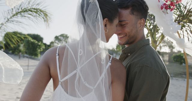 Happy Couple Embracing at Outdoor Wedding Ceremony - Download Free Stock Images Pikwizard.com