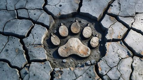 Animal paw print impression on dry cracked earth