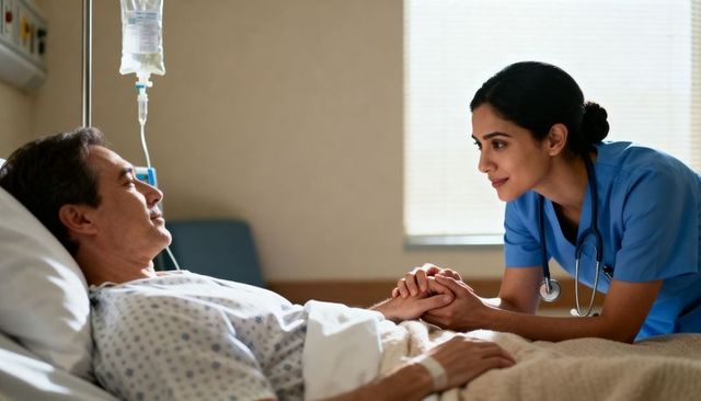 Nurse holding patient's hand providing compassionate care and comfort at bedside