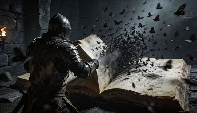 Armored knight summoning dark moth swarm from ancient spellbook