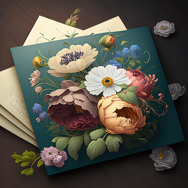 Intricate vintage floral artwork featuring a beautifully arranged bouquet of assorted flowers, including peonies and anemones, set on a dark wooden background. Ideal for use in interior design, stationery, invitations, greeting cards, vintage-themed wall art, and digital interfaces interested in botanical aesthetics.