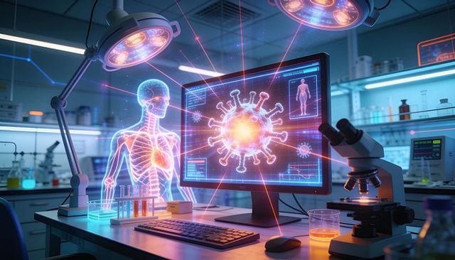 Holographic virus research showing skeletal anatomy and microscope on lab bench