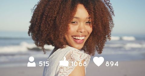 Woman Smiling on Beach with Social Media Interface Overlay