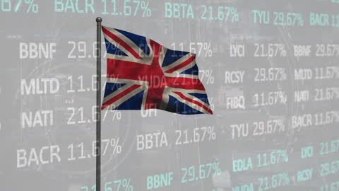 UK Flag with Financial Data Overlaid Against Cityscape