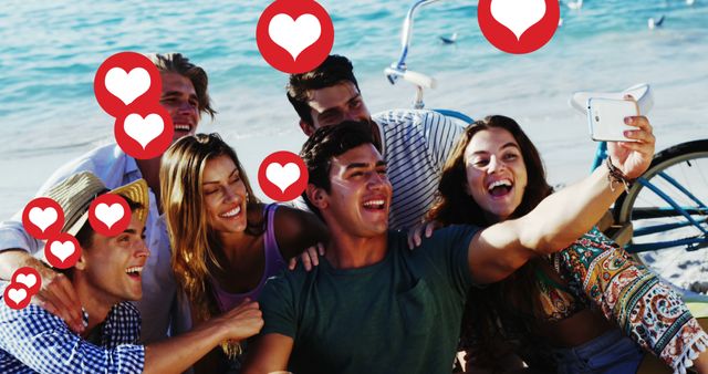 Friends Taking Selfie on Beach with Hearts Overlay - Download Free Stock Images Pikwizard.com