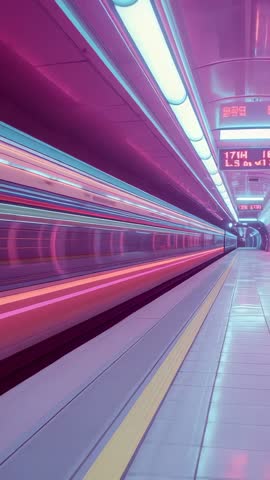 Vertical Neon Subway Motion: Blurred Train Rushing Past Platform with LED Display