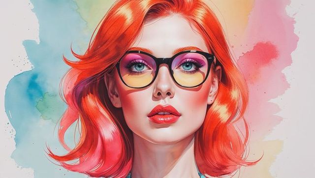 Fashionable portrait of woman with bright red hair and black-rimmed glasses