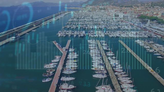 Complex imagery combining an overhead look at a bustling marina and a transparent graphical data overlay symbolizes the synthesis of traditional marine activity with modern data technologies. Ideal for illustrating business analysis within marine industries, technology solutions for logistics, and innovations in harbor management tasked with optimizing marina usage and operations.