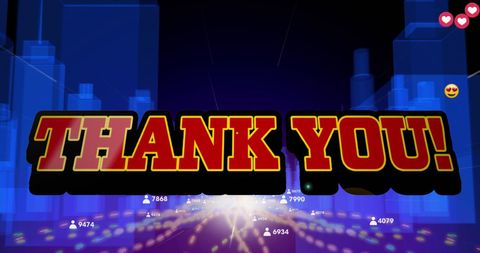Vibrant Thank You Message with Social Media Icons in Digital Cityscape