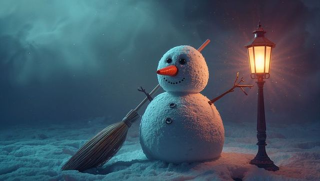 Whimsical snowman illuminated by vintage street light