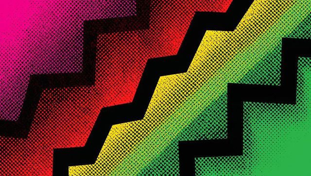 Cutting black zigzag dividing magenta-to-green halftone gradient with grain texture