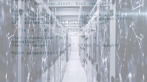 Data Code Overlay on Modern Server Racks in Technology Hub